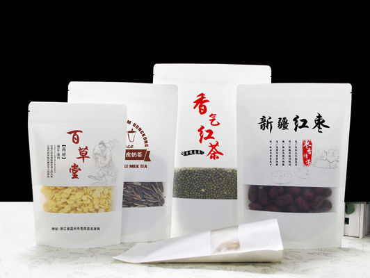 Borsa di carta kraft con vetrina chiara di grado alimentare con cerniera a prova di umidità